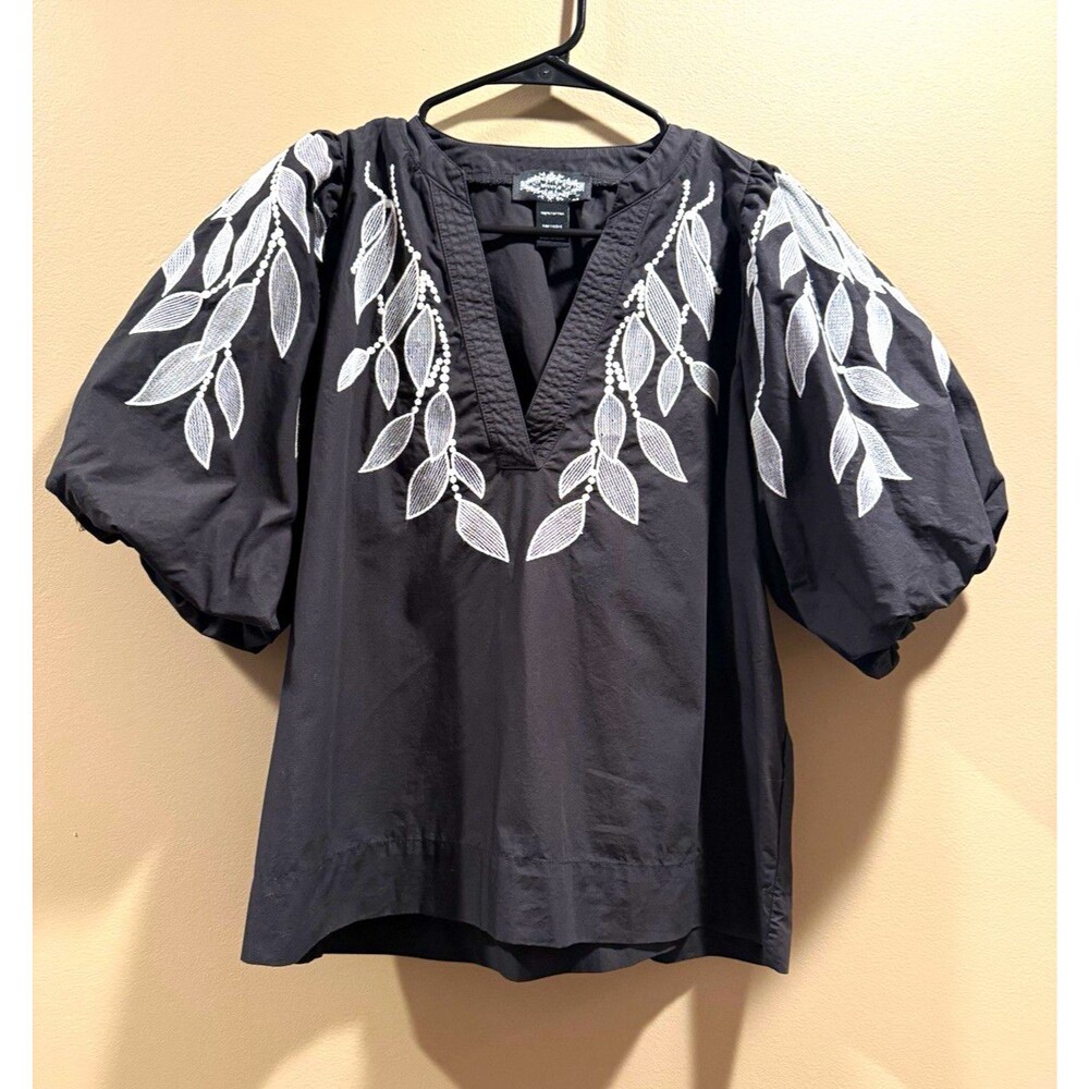Olivero Women's Black Embroidered Puff Short Sleeve V-Neck Cotton Blouse XL